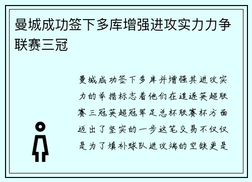 曼城成功签下多库增强进攻实力力争联赛三冠